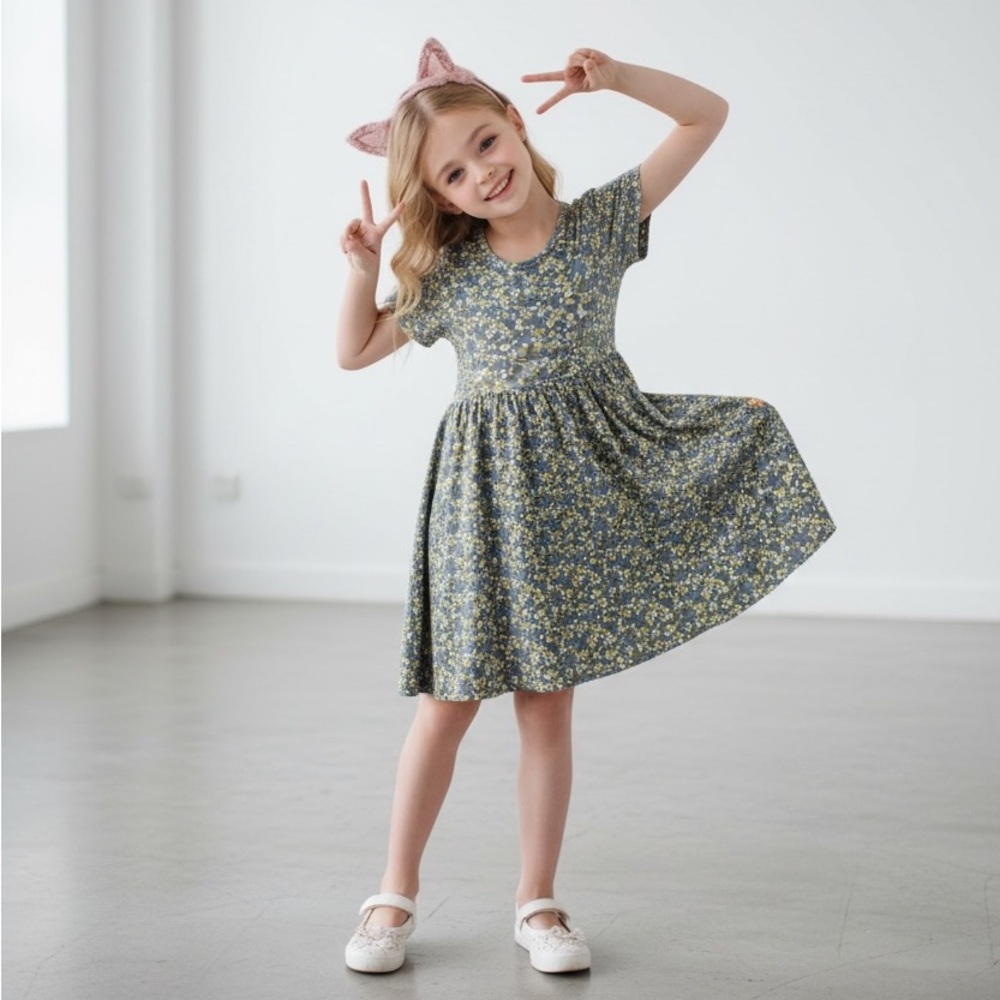 Charming Floral Kids Dress in Blue and Yellow